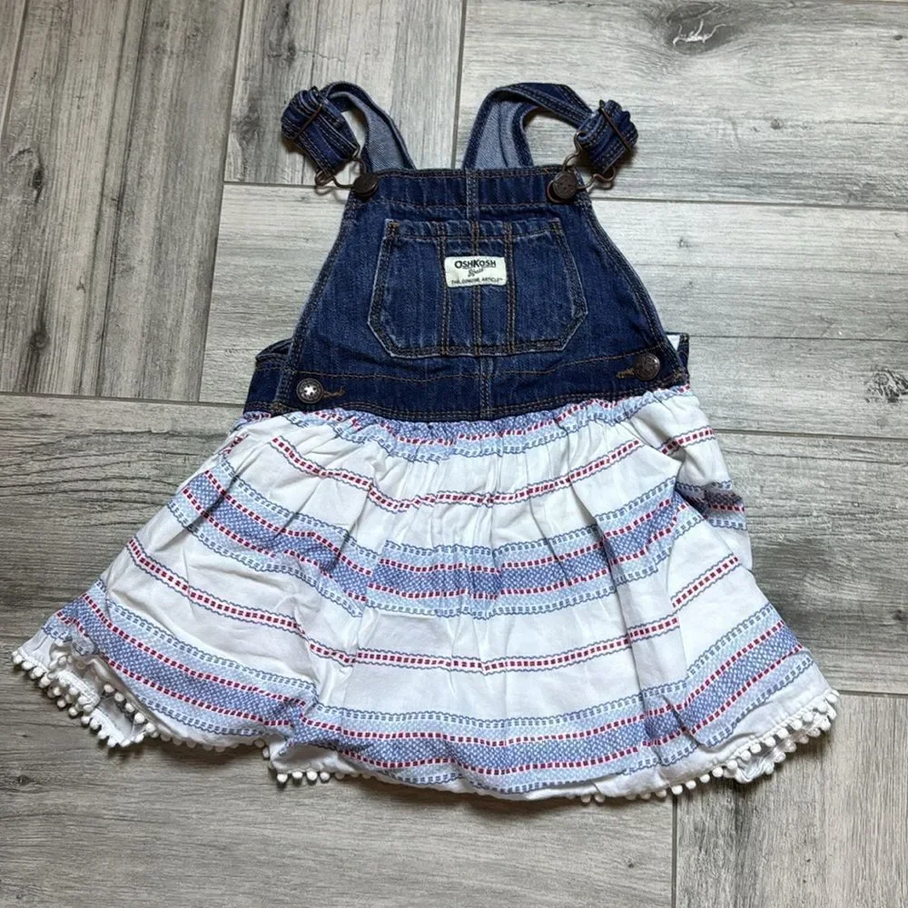 OshKosh B'gosh Kids Girls Red White Blue Denim Stripe Overall Jumper Dress 3T